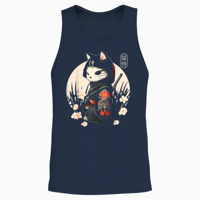 Japanese Samurai Cat for Cat Lovers Unisex Tank Top - Navy