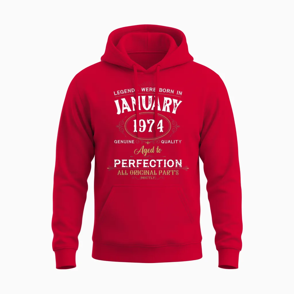 Legends Were Born in January 1974 Unisex Hoodie in Red