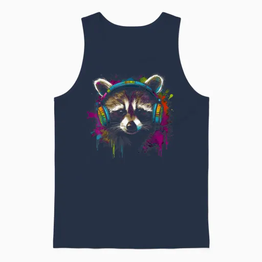 Raccoon Music Headphones Colourful Animal Motif Art Raccoon T-Shirt, Black Unisex Tank Top - Navy