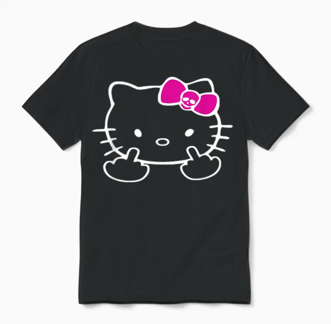 Cat Middle Finger Kitty Mean Naughty Bow Nasty Funny T-Shirt, Black Unisex T-Shirt in Black