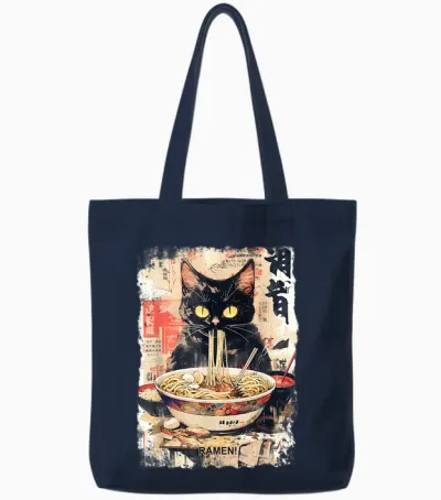 Cat Ramen Noodle Japanese Anime Manga Ramen Kawaii Cat T-Shirt, Black Tote Bags - Navy