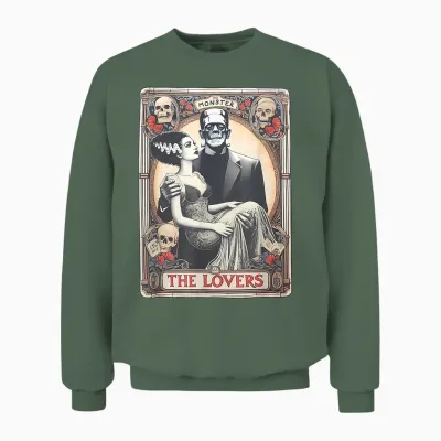 Retro Halloween Frankenstein Tarot Card T-Shirt - Unisex Adults - Black - Small - Short Sleeve - Regular Fit - Cotton 100%, Polyester Blend - Halloween, Retro, Couples, Tarot Card Fans, Unisex Unisex Sweatshirt - Military Green