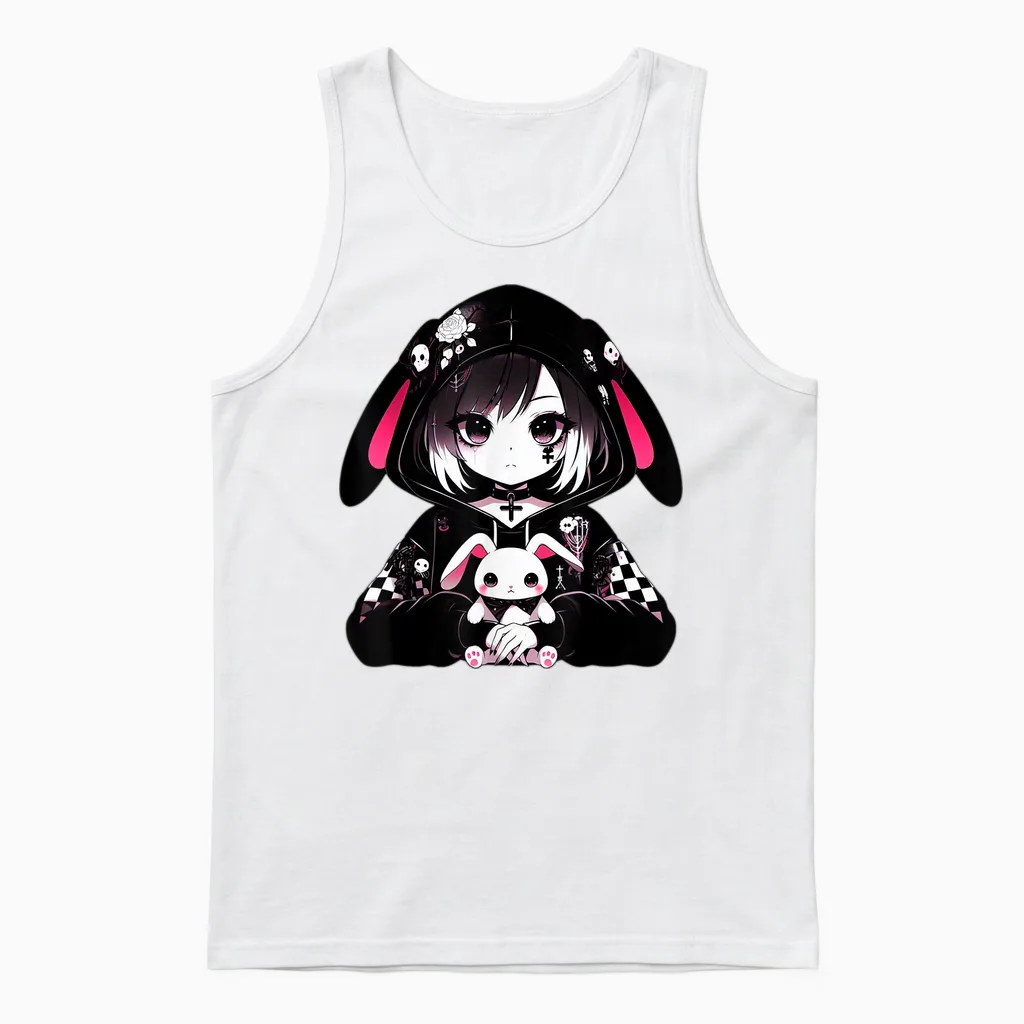 Goth Bunny Anime Girl Kawaii Gothic Creepy Art Japanese T-Shirt, Black, S Unisex Tank Top in White