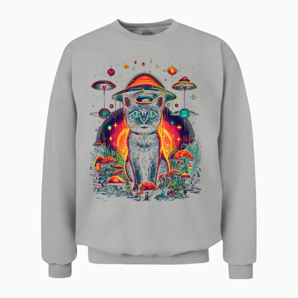 Psychedelische Katze Im Weltraum Trippy Alien Galaxy Visual Unisex Sweatshirt in Ash