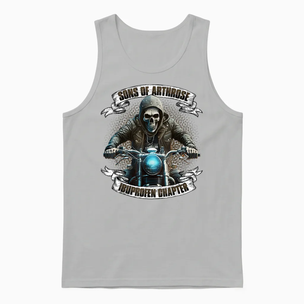 Sons of Arthrosis Ibuprofen Chapter Biker Motorcyclist T-Shirt, Black Unisex Tank Top in Ash