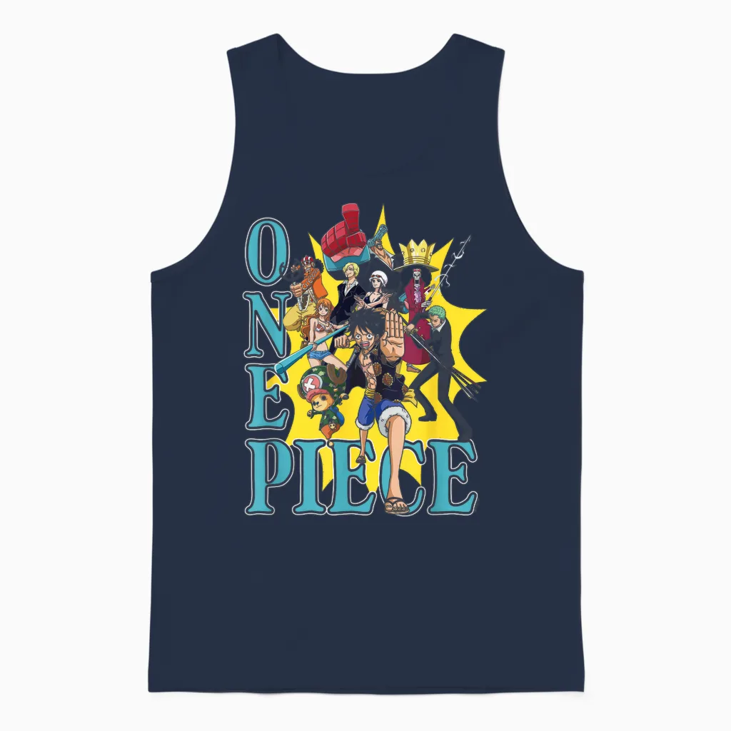 One Piece Anime Group Photo Burst Character Collage Unisex Tank Top in Navy