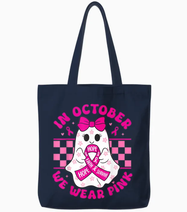 Spooky Halloween Ghost Pink Breast Cancer Awareness 2025 Tote Bags in Navy