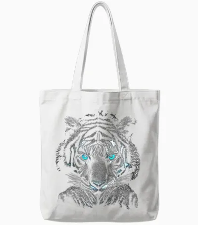 Tiger Portrait Animal Lover Graphic with Blue Eyes Tiger Tote Bags - White