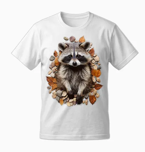 Raccoon Animal Nature Pattern Stones Illustration Face Raccoon T-Shirt, White, S Unisex T-Shirt - White