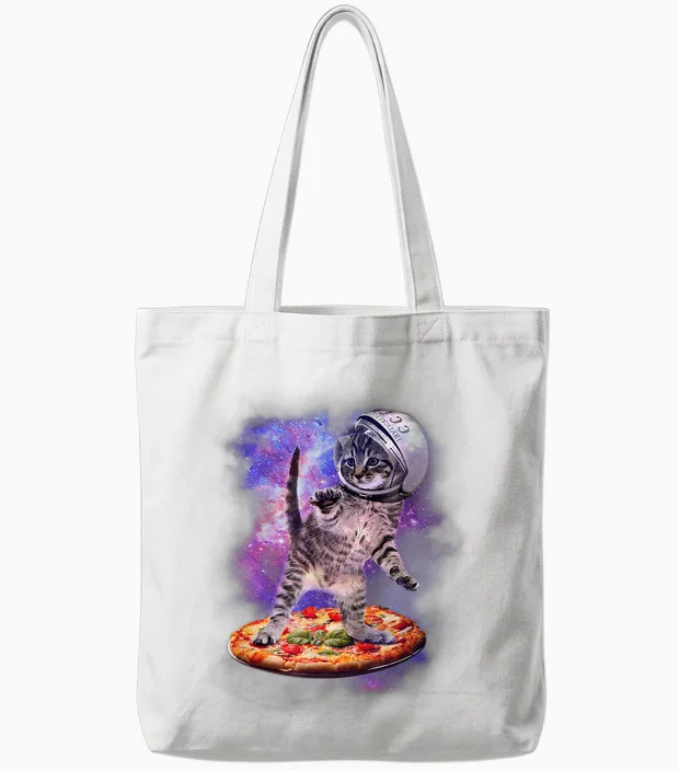 Funny Cat Flying a Pizza Astronaut Kitten Space Tote Bags in White