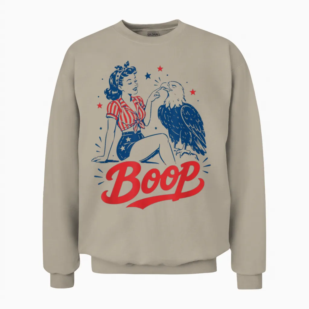 Boop Vintage Usa Girl and Eagle Funny Patriotic Retro Art Unisex Sweatshirt in Sand