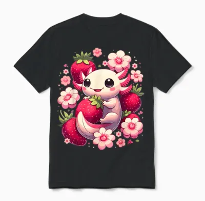 Cute Axolotl Kawaii Anime Axolotl Strawberry T-Shirt, Black, S Unisex T-Shirt - Black